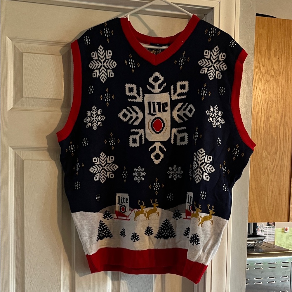 Navy V-Neck Holiday Sweater Vest with Red Trim